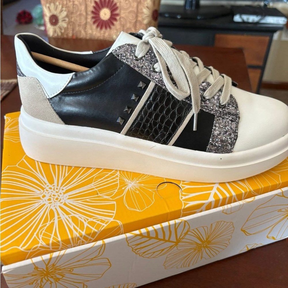 Yellow Box Women's Black and White Sneakers with Glitter Accents